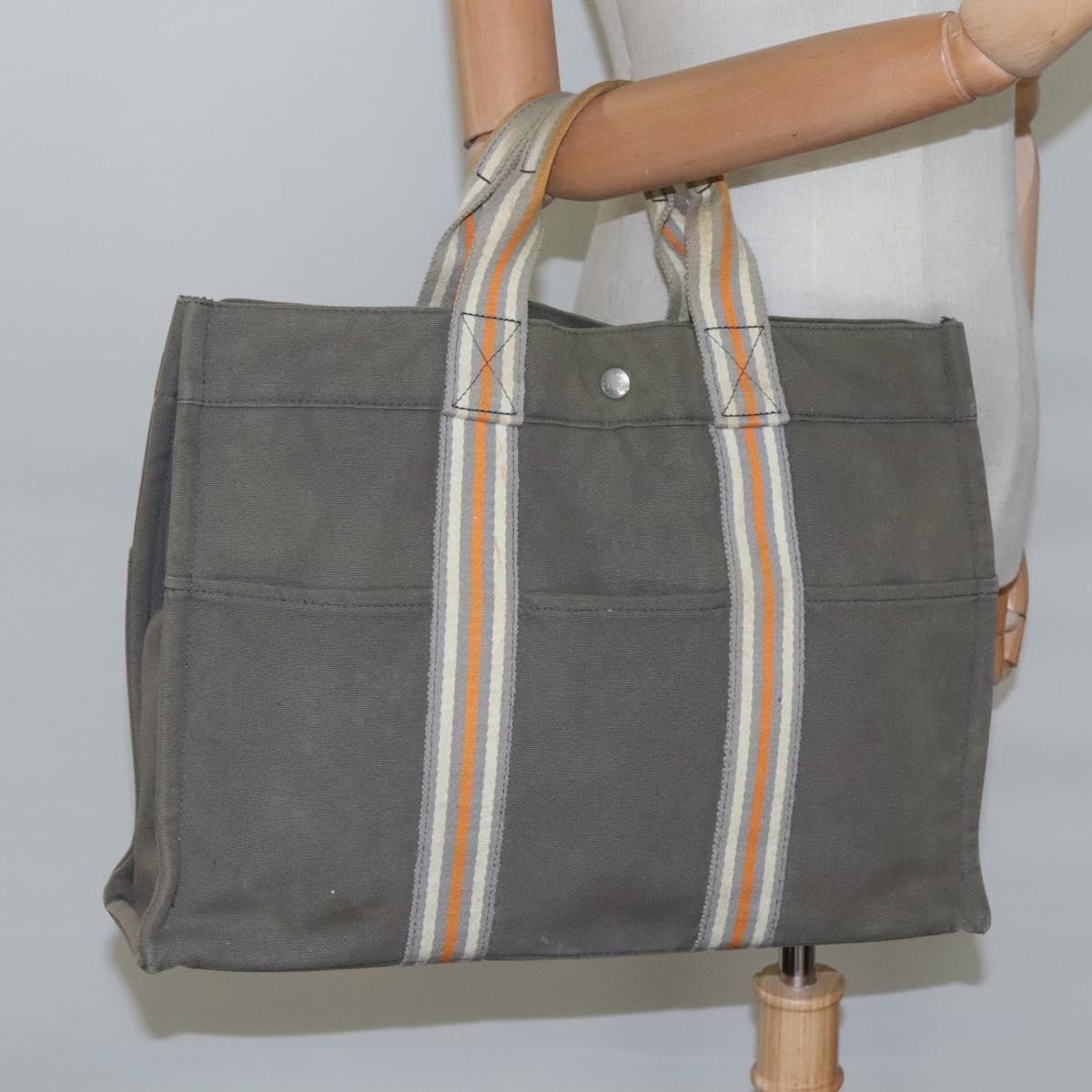 HERMES Fourre Tout MM Hand Bag Canvas Khaki Orange Silver Auth nb457