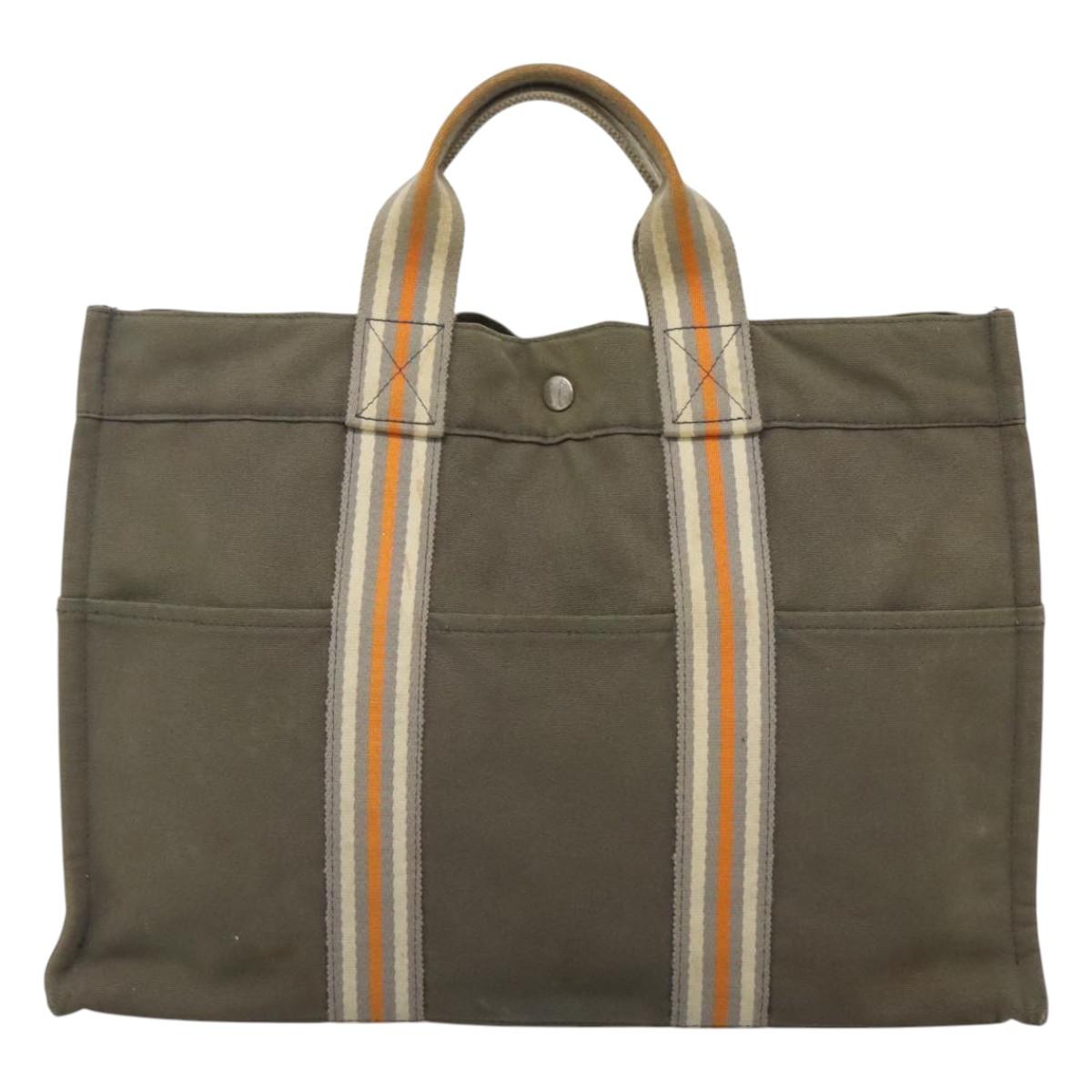 HERMES Fourre Tout MM Hand Bag Canvas Khaki Orange Silver Auth nb457