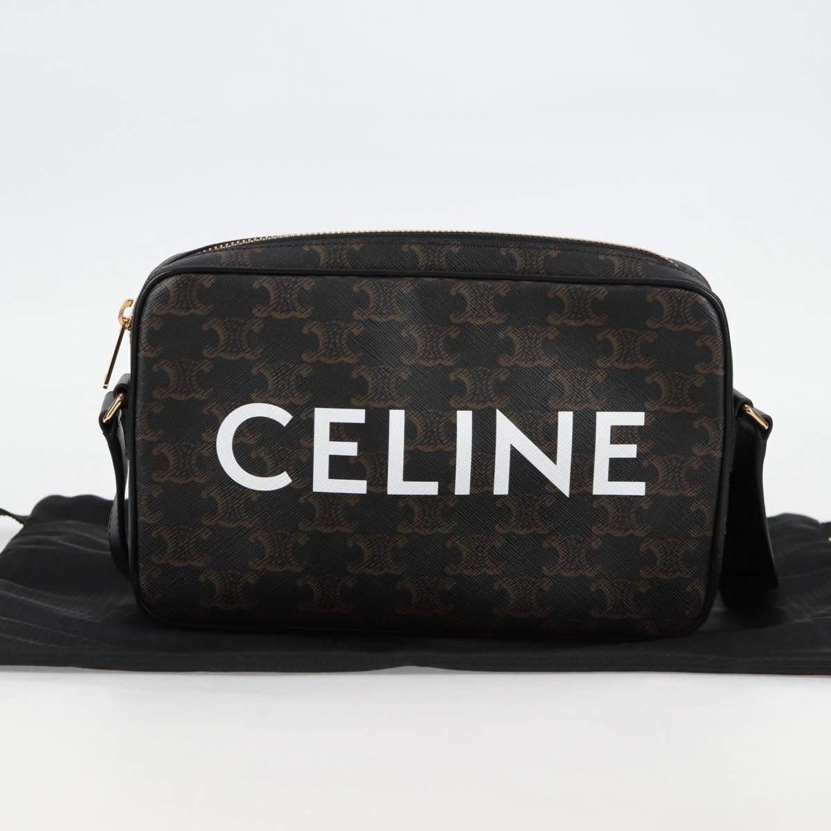 CELINE Triomphe Shoulder Bag PVC Leather Black Gold Auth nb463M