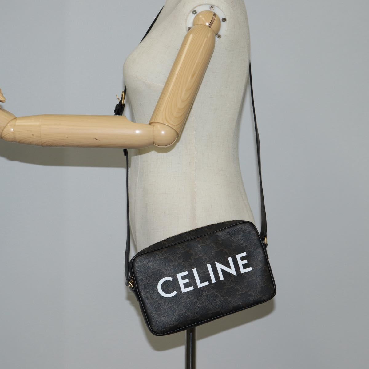 CELINE Triomphe Shoulder Bag PVC Leather Black Gold Auth nb463M