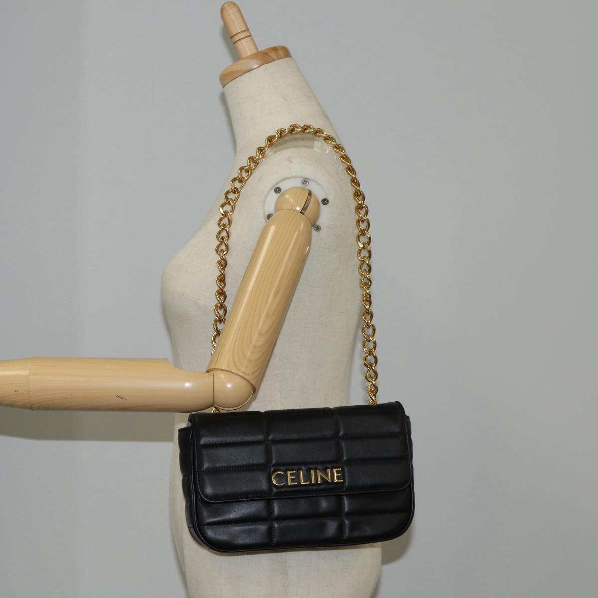 CELINE Chain Shoulder Bag Leather Black Gold Auth nb466SM