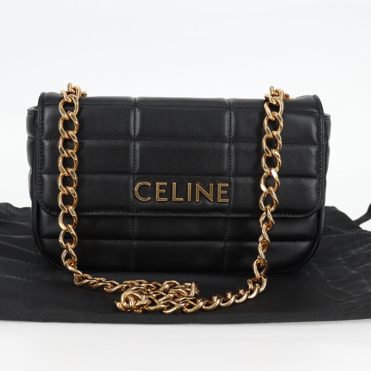 CELINE Chain Shoulder Bag Leather Black Gold Auth nb466SM
