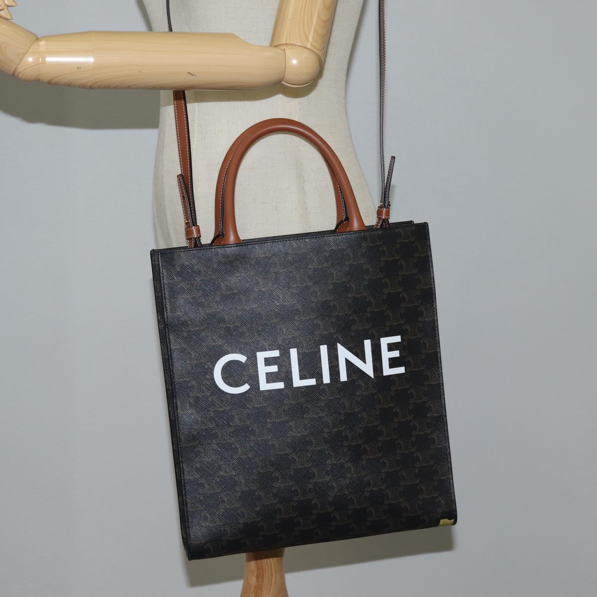 CELINE Triomphe Vertical Cabas Shoulder Bag PVC Leather Black Gold Auth nb491M