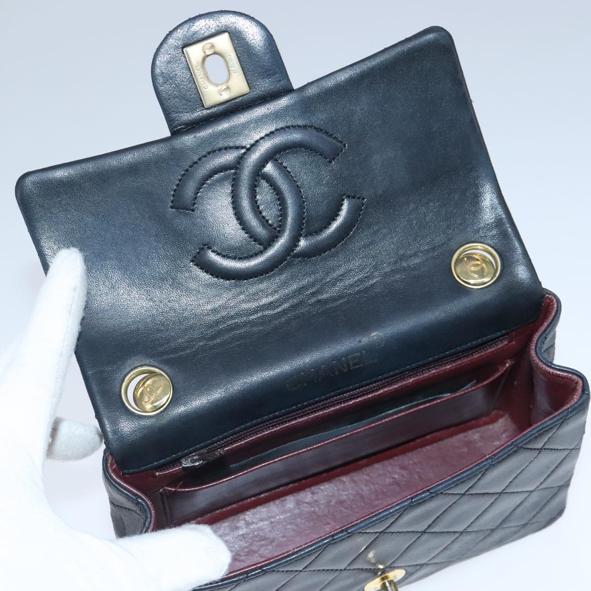 CHANEL Mini Materasse 17 Chain Hand Bag Lamb Skin Black Gold CC Auth PP027
