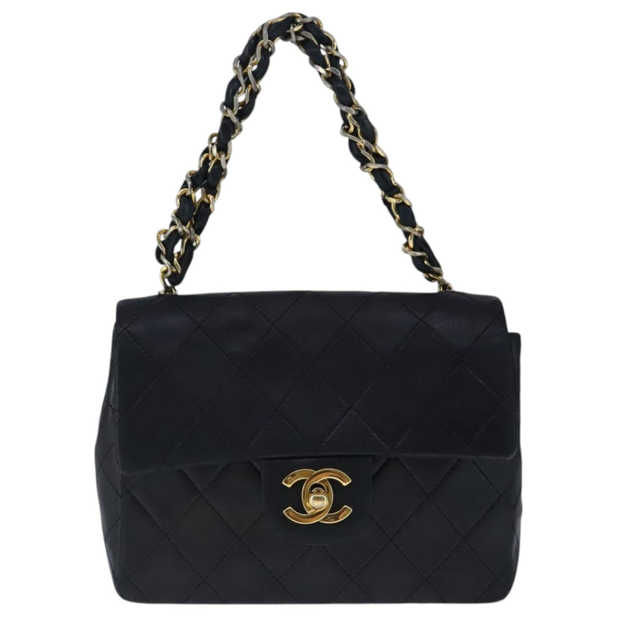 CHANEL Mini Materasse 17 Chain Hand Bag Lamb Skin Black Gold CC Auth PP027