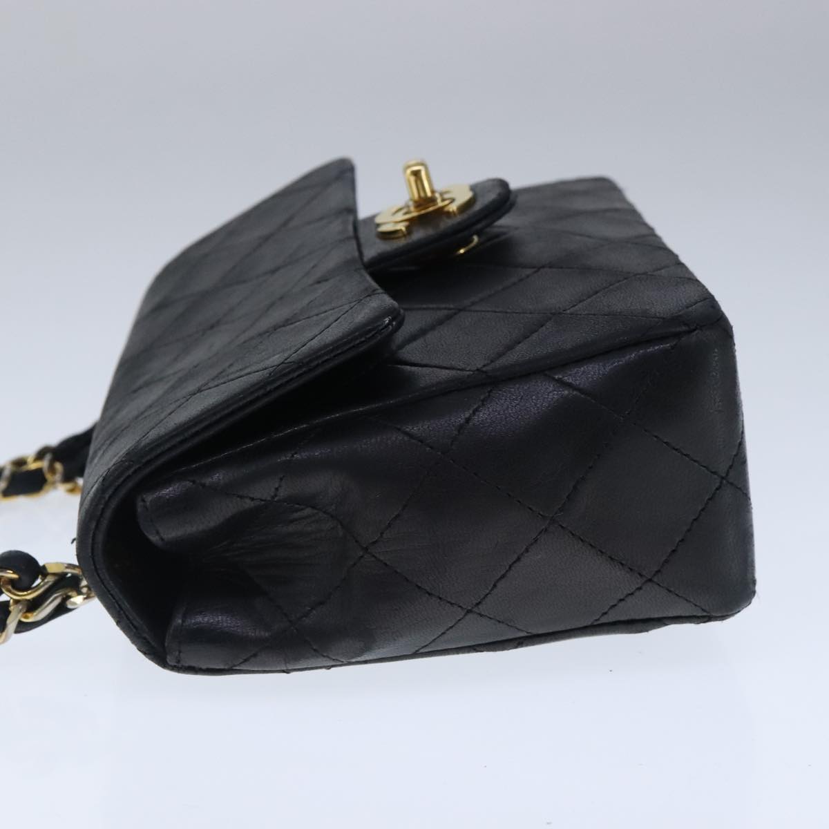 CHANEL Mini Materasse 17 Chain Hand Bag Lamb Skin Black Gold CC Auth PP027