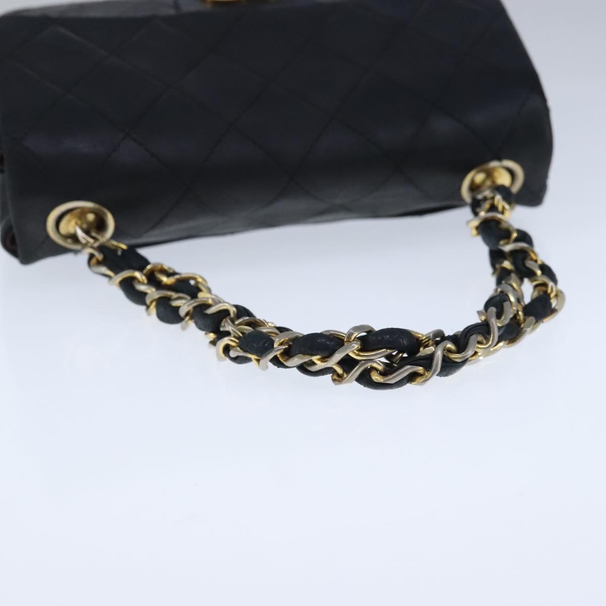 CHANEL Mini Materasse 17 Chain Hand Bag Lamb Skin Black Gold CC Auth PP027