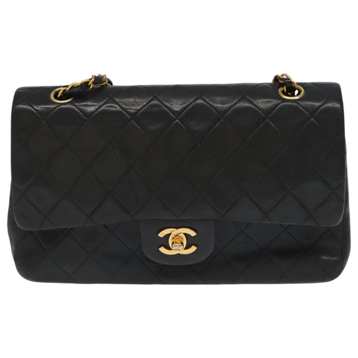 CHANEL Chain Matelasse 25 Shoulder Bag Lamb Skin Black Gold CC Auth PP032AV