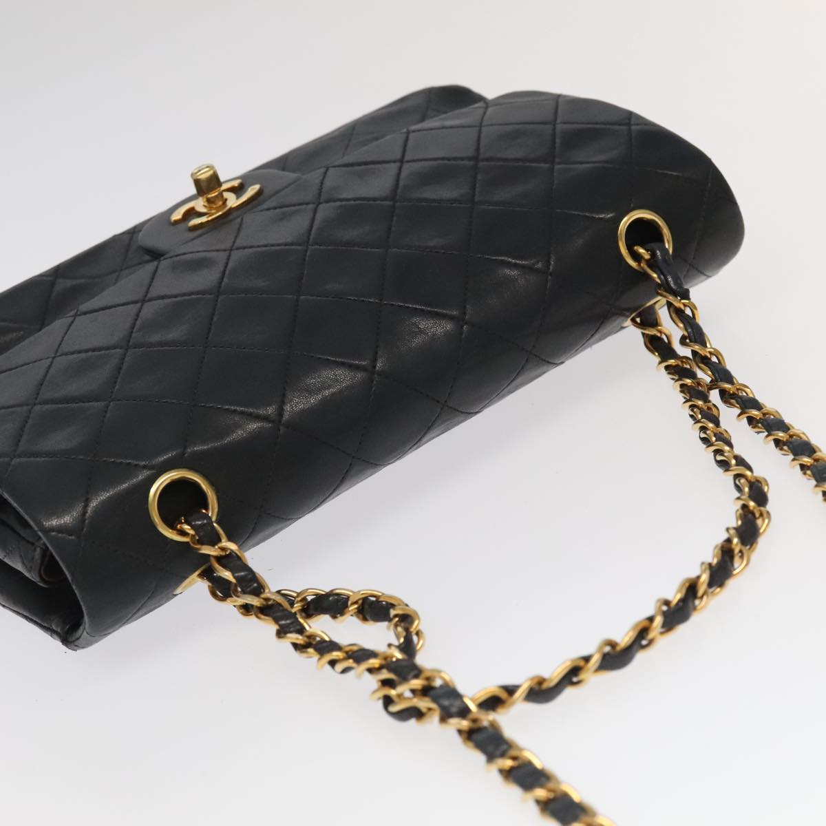 CHANEL Chain Matelasse 25 Shoulder Bag Lamb Skin Black Gold CC Auth PP032AV