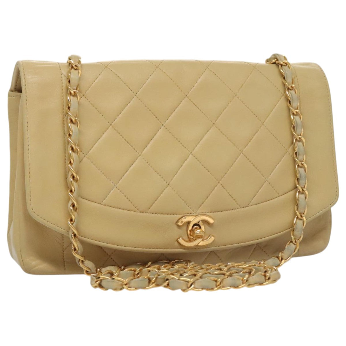 CHANEL Diana 25 Chain Shoulder Bag Lamb Skin Beige Gold CC Auth PP039
