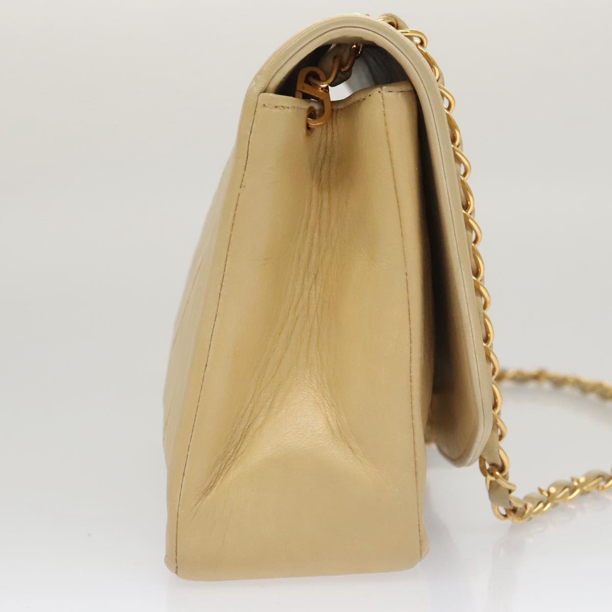 CHANEL Diana 25 Chain Shoulder Bag Lamb Skin Beige Gold CC Auth PP039