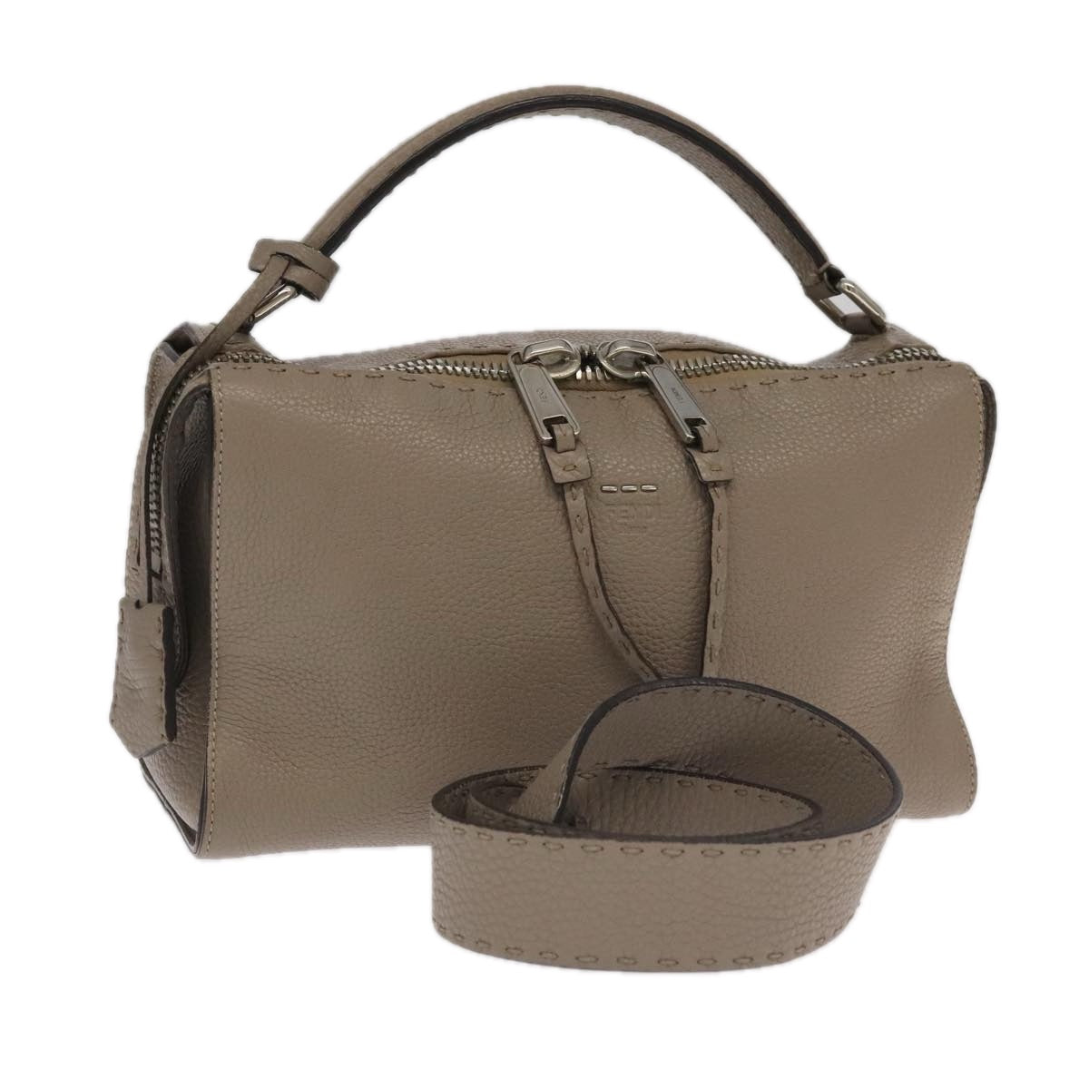 FENDI Hand Bag Leather 2way Gray Silver Auth PP053