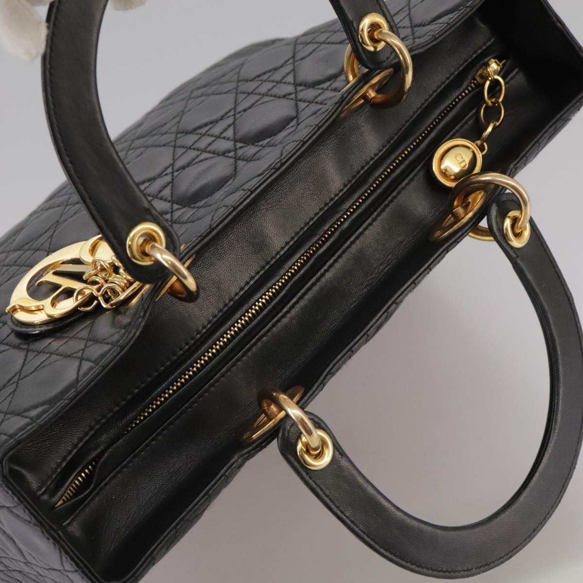 Christian Dior Lady Dior Canage Hand Bag Leather 2way Black Gold Auth PP055