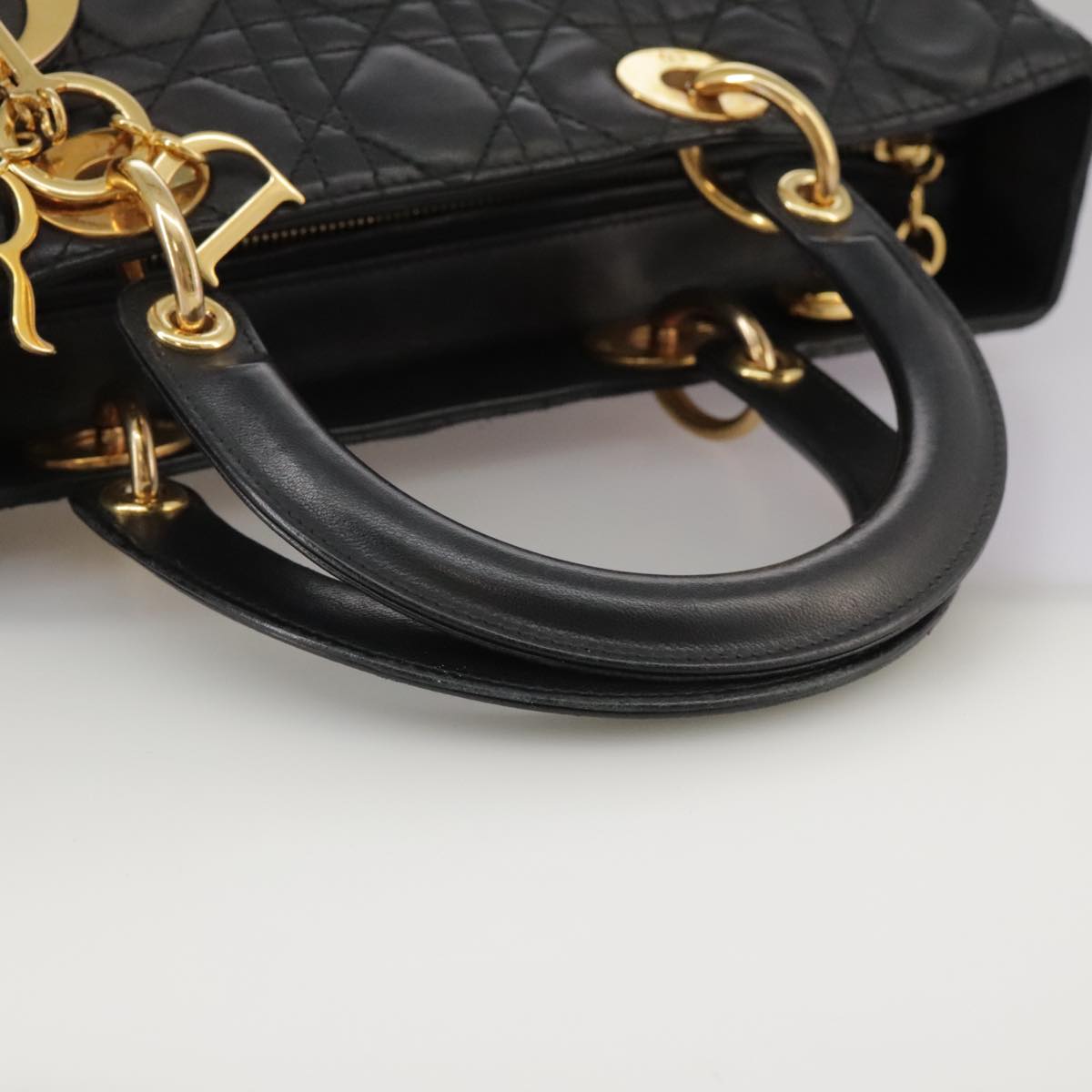 Christian Dior Lady Dior Canage Hand Bag Leather 2way Black Gold Auth PP055