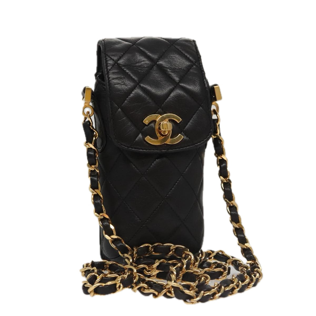 CHANEL Chain Pouch Lamb Skin Black CC Auth PP059