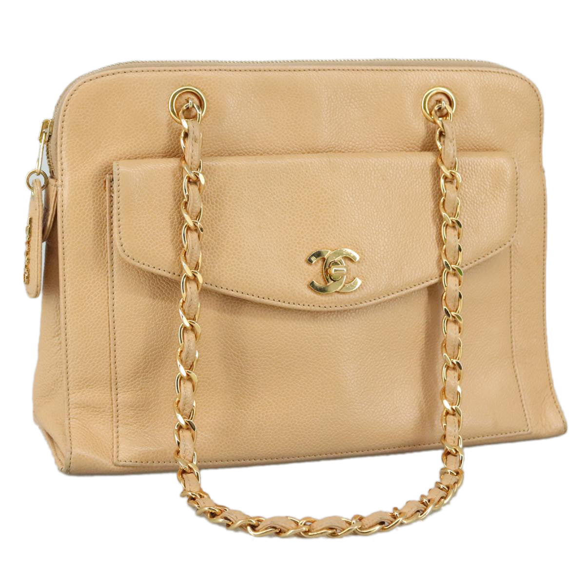 CHANEL Chain Shoulder Bag Caviar Skin Beige Gold CC Auth PP063V