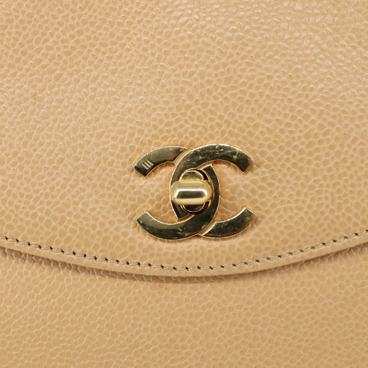 CHANEL Chain Shoulder Bag Caviar Skin Beige Gold CC Auth PP063V