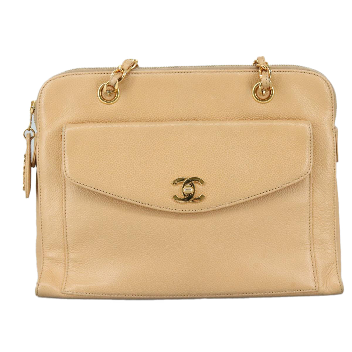 CHANEL Chain Shoulder Bag Caviar Skin Beige Gold CC Auth PP063V