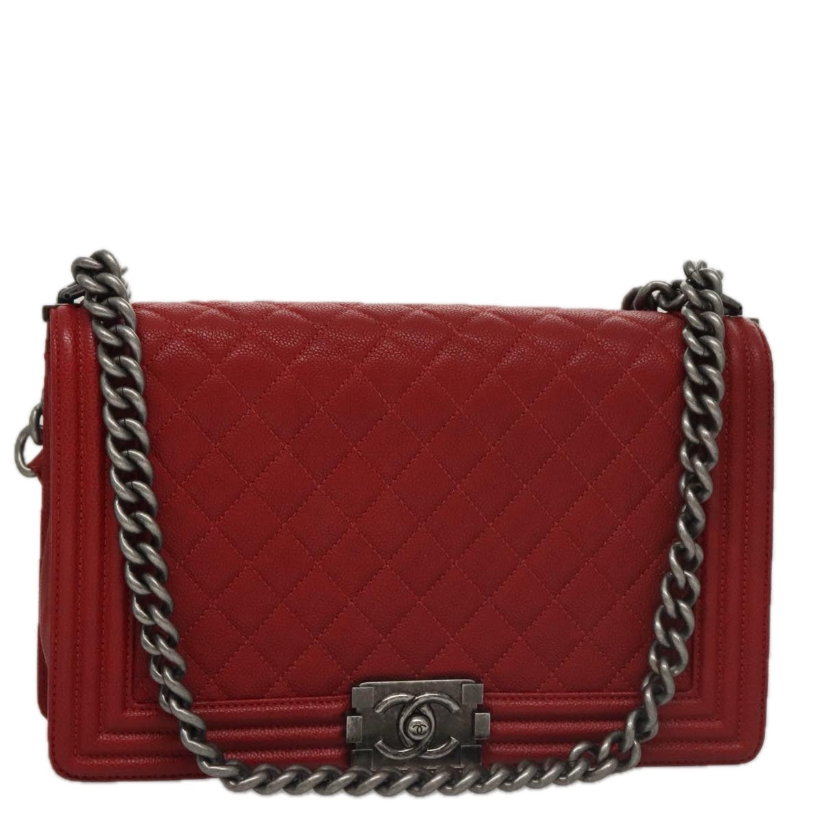 CHANEL Matelasse Chain Shoulder Bag Caviar Skin Red Gold CC Auth PP074