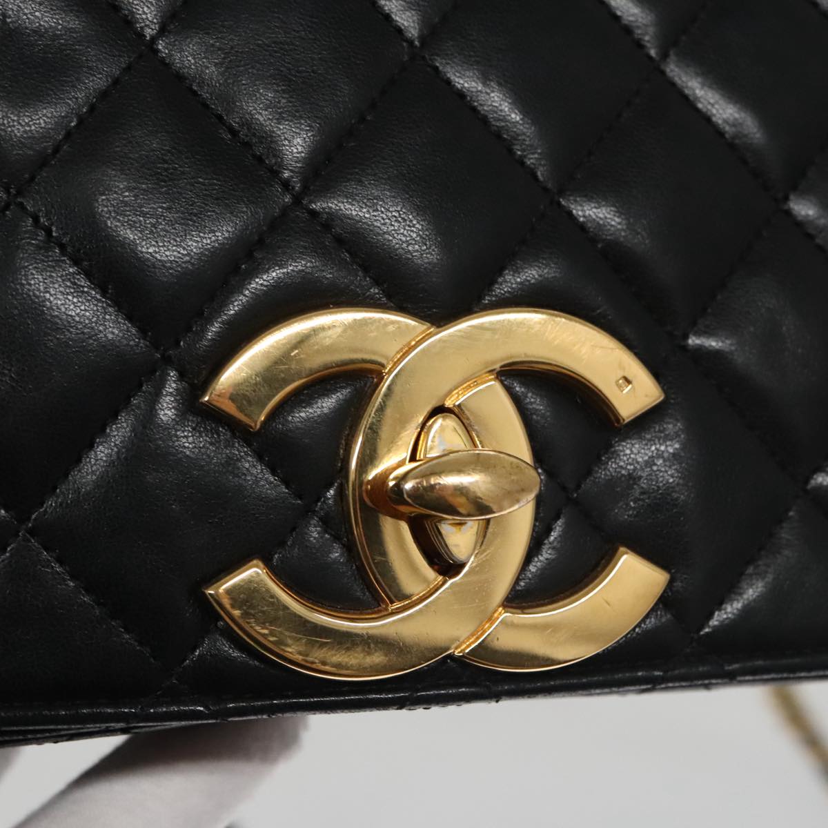 CHANEL Matelasse Chain Shoulder Bag Lamb Skin Black Gold CC Auth PP076