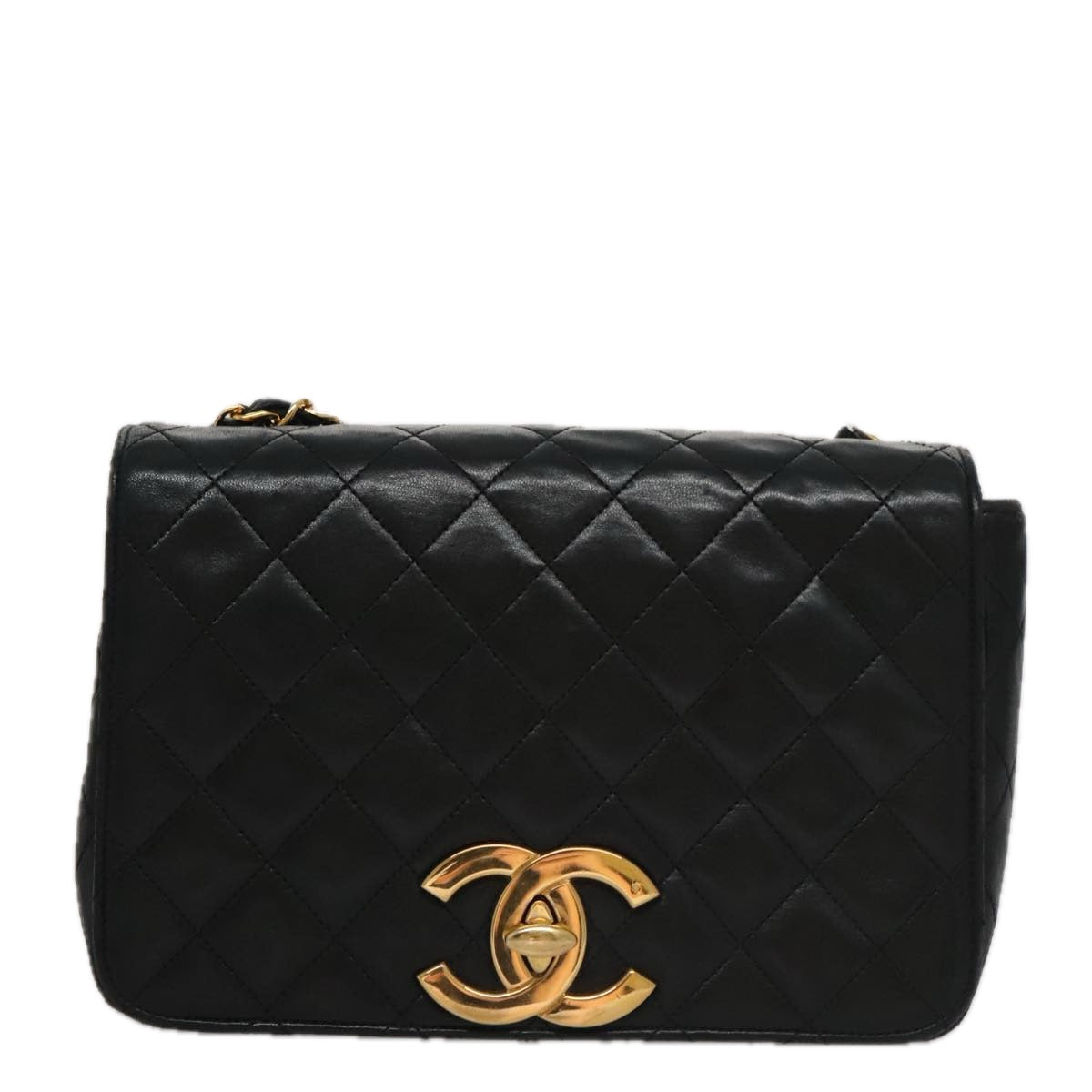 CHANEL Matelasse Chain Shoulder Bag Lamb Skin Black Gold CC Auth PP076