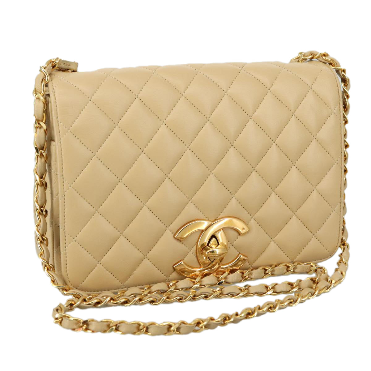 CHANEL Matelasse Chain Shoulder Bag Lamb Skin Beige Gold CC Auth PP077