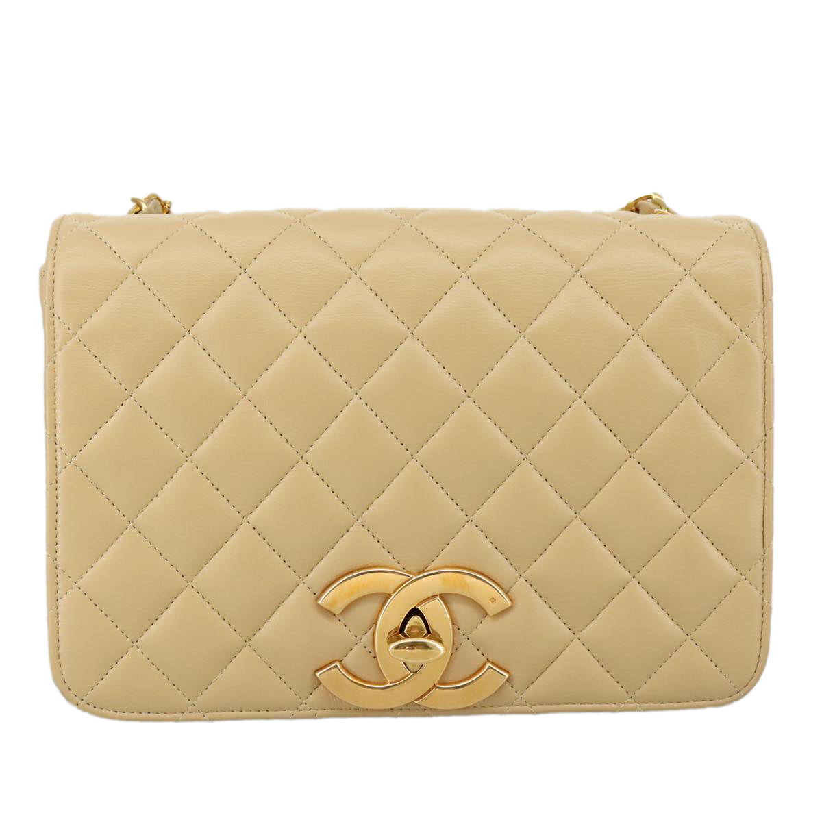 CHANEL Matelasse Chain Shoulder Bag Lamb Skin Beige Gold CC Auth PP077