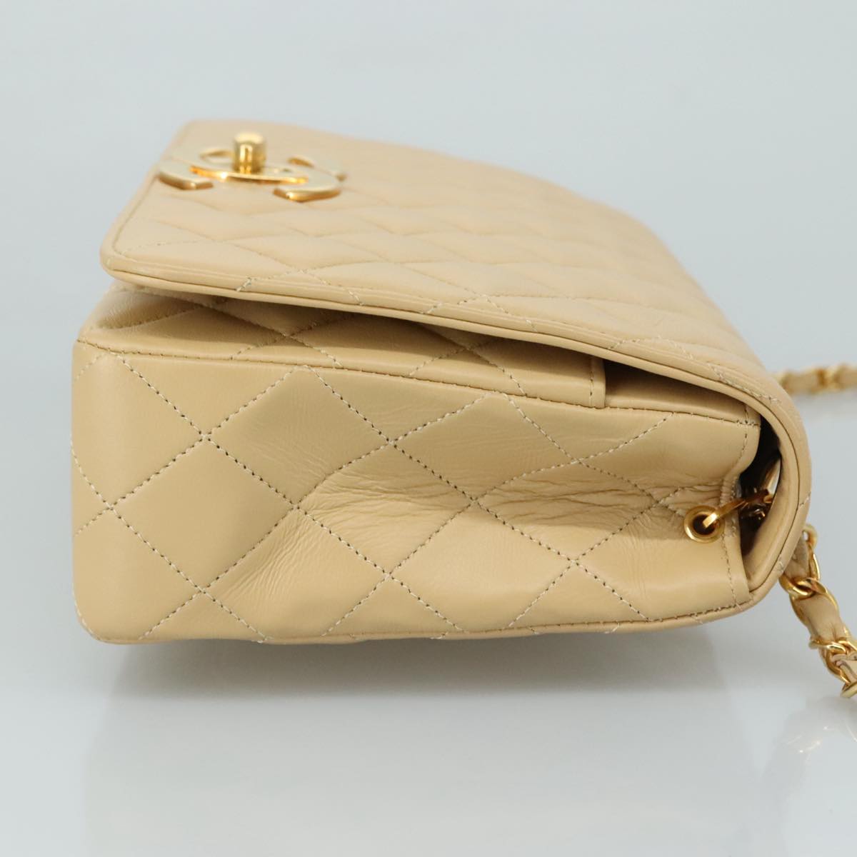 CHANEL Matelasse Chain Shoulder Bag Lamb Skin Beige Gold CC Auth PP077