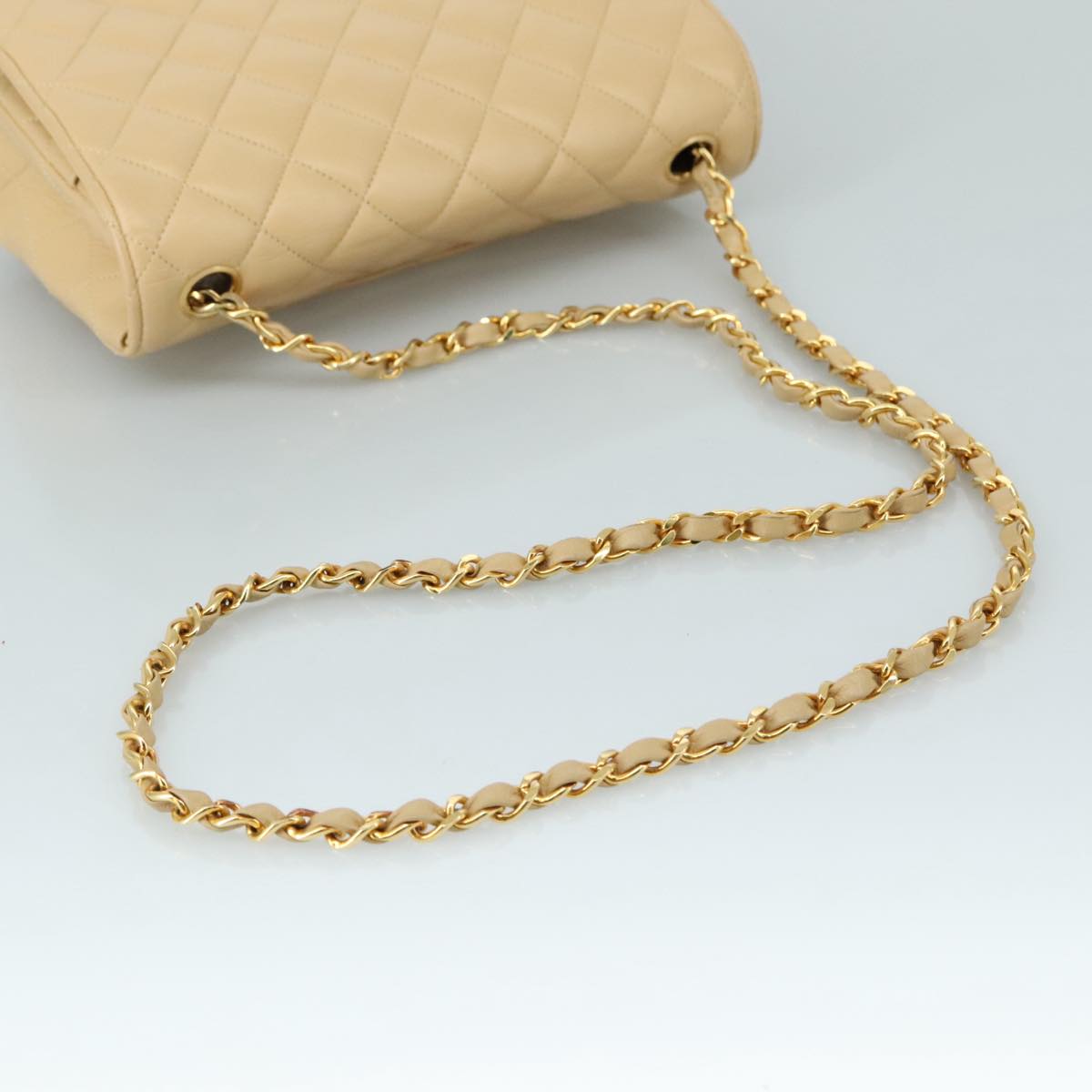 CHANEL Matelasse Chain Shoulder Bag Lamb Skin Beige Gold CC Auth PP077