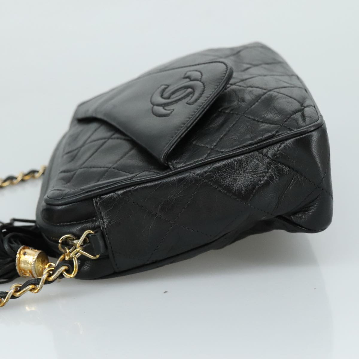 CHANEL Matelasse Chain Shoulder Bag Lamb Skin Black Gold CC Auth PP082