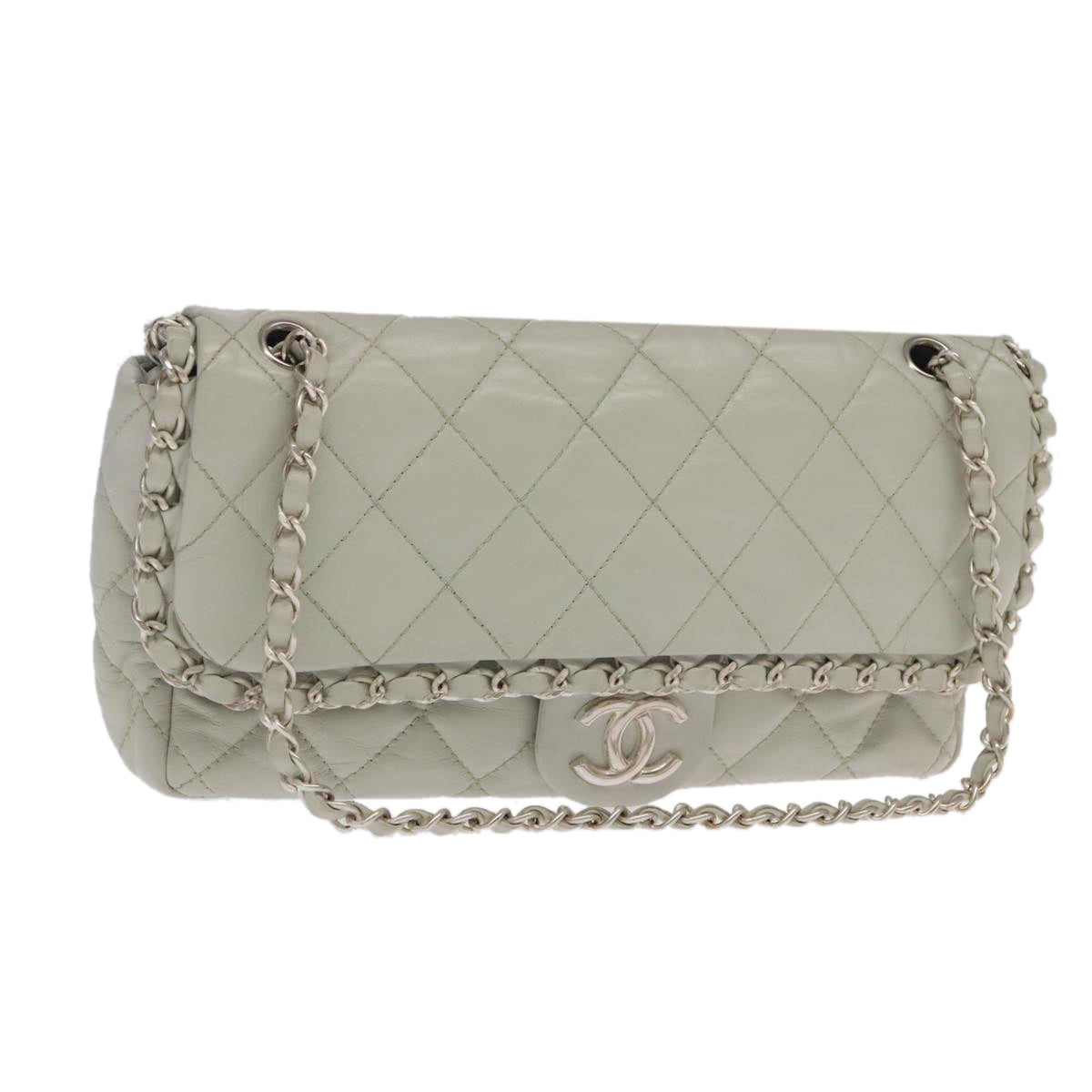 CHANEL Matelasse Chain Shoulder Bag Leather White Silver CC Auth PP083