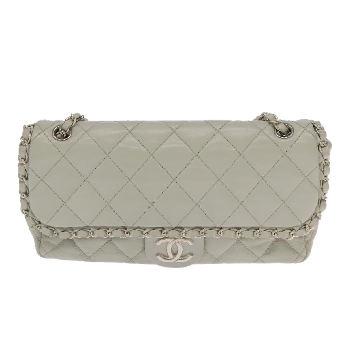 CHANEL Matelasse Chain Shoulder Bag Leather White Silver CC Auth PP083