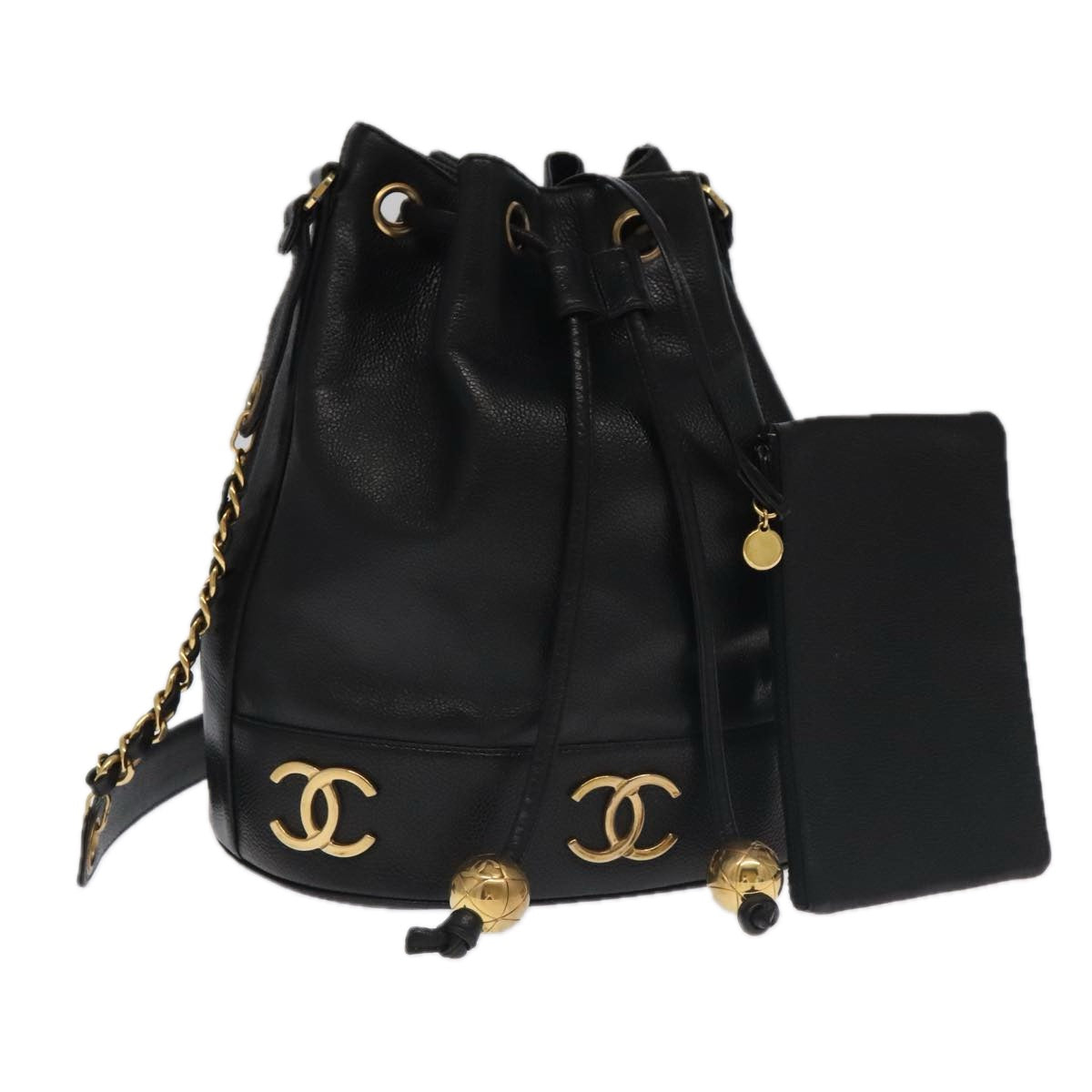 CHANEL Chain Shoulder Bag Caviar Skin Black Gold CC Auth PP101