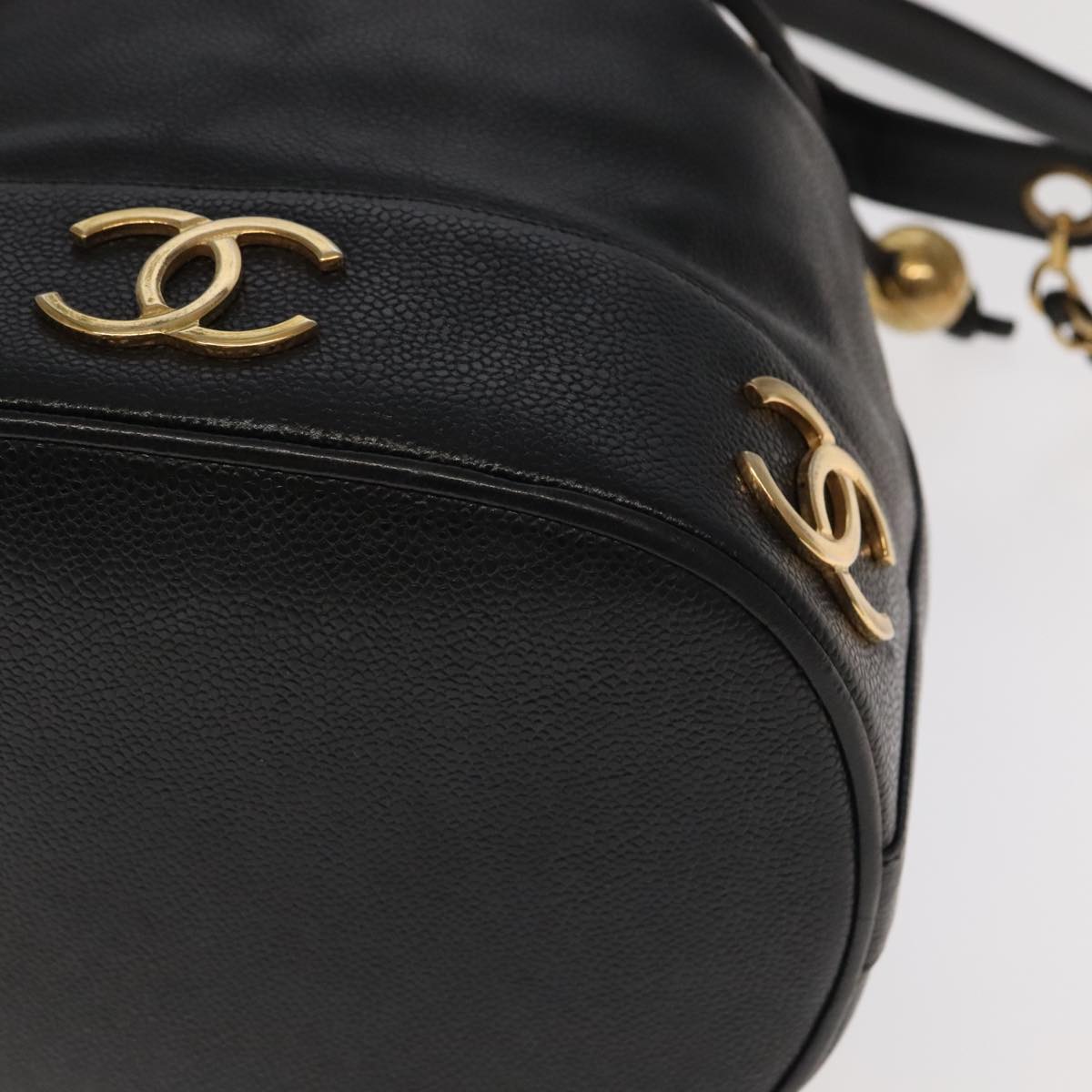 CHANEL Chain Shoulder Bag Caviar Skin Black Gold CC Auth PP101