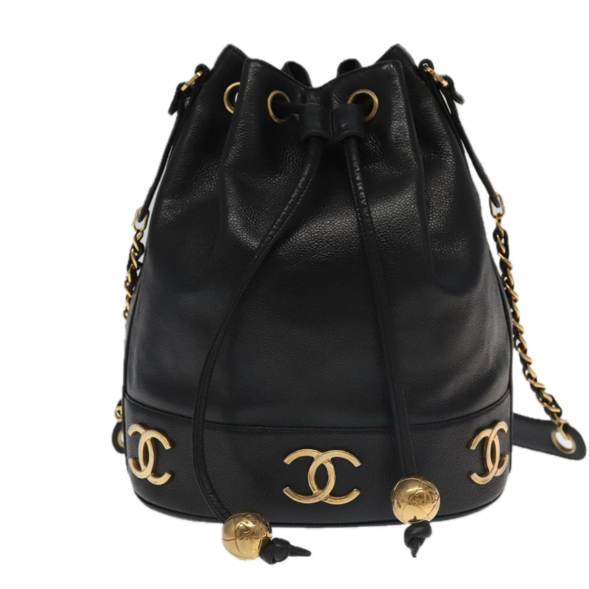 CHANEL Chain Shoulder Bag Caviar Skin Black Gold CC Auth PP101