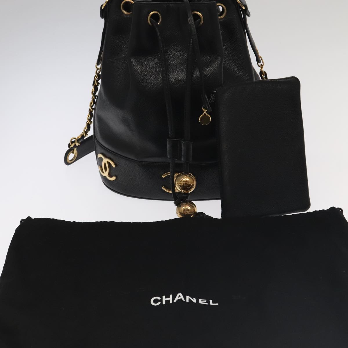 CHANEL Chain Shoulder Bag Caviar Skin Black Gold CC Auth PP101