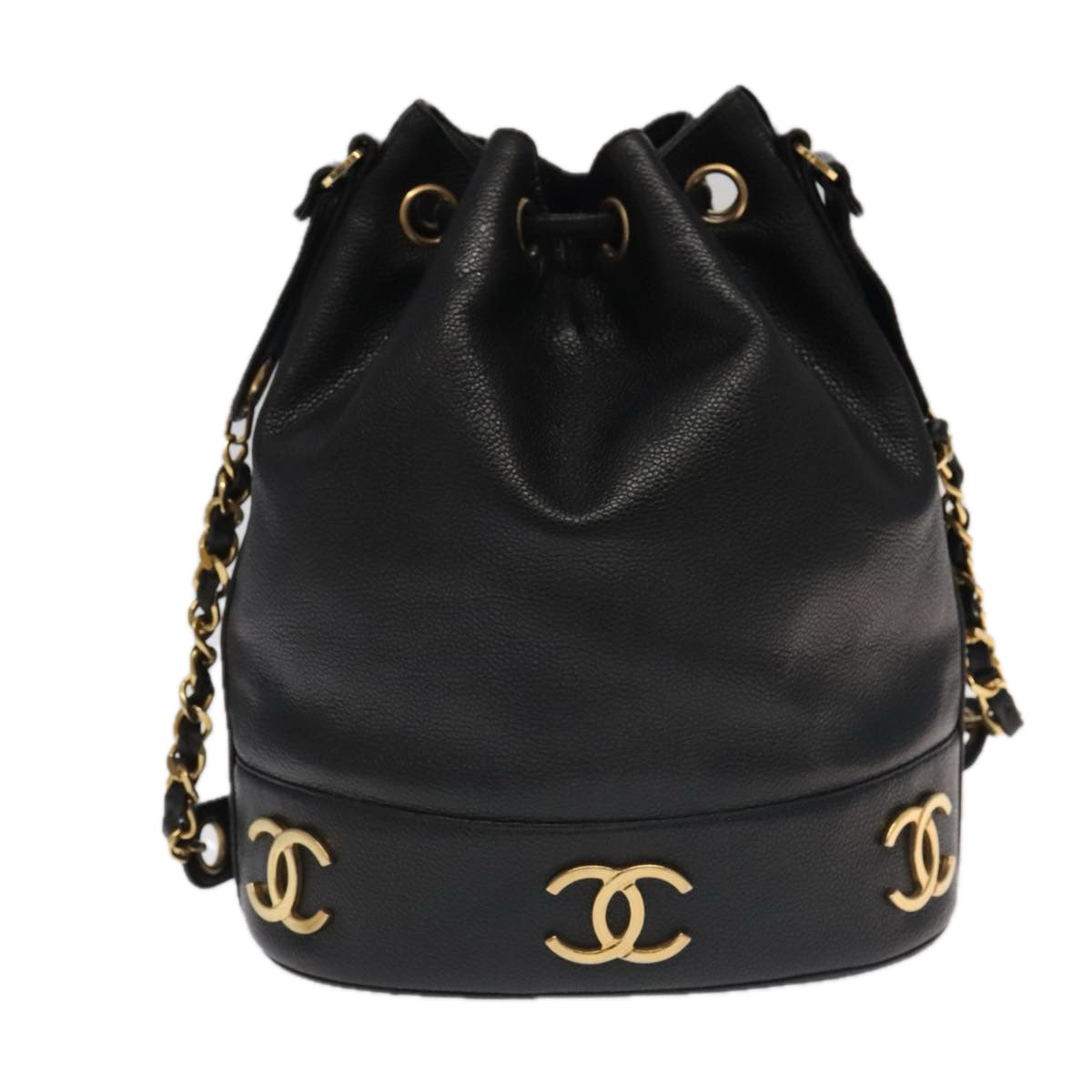 CHANEL Chain Shoulder Bag Caviar Skin Black Gold CC Auth PP101