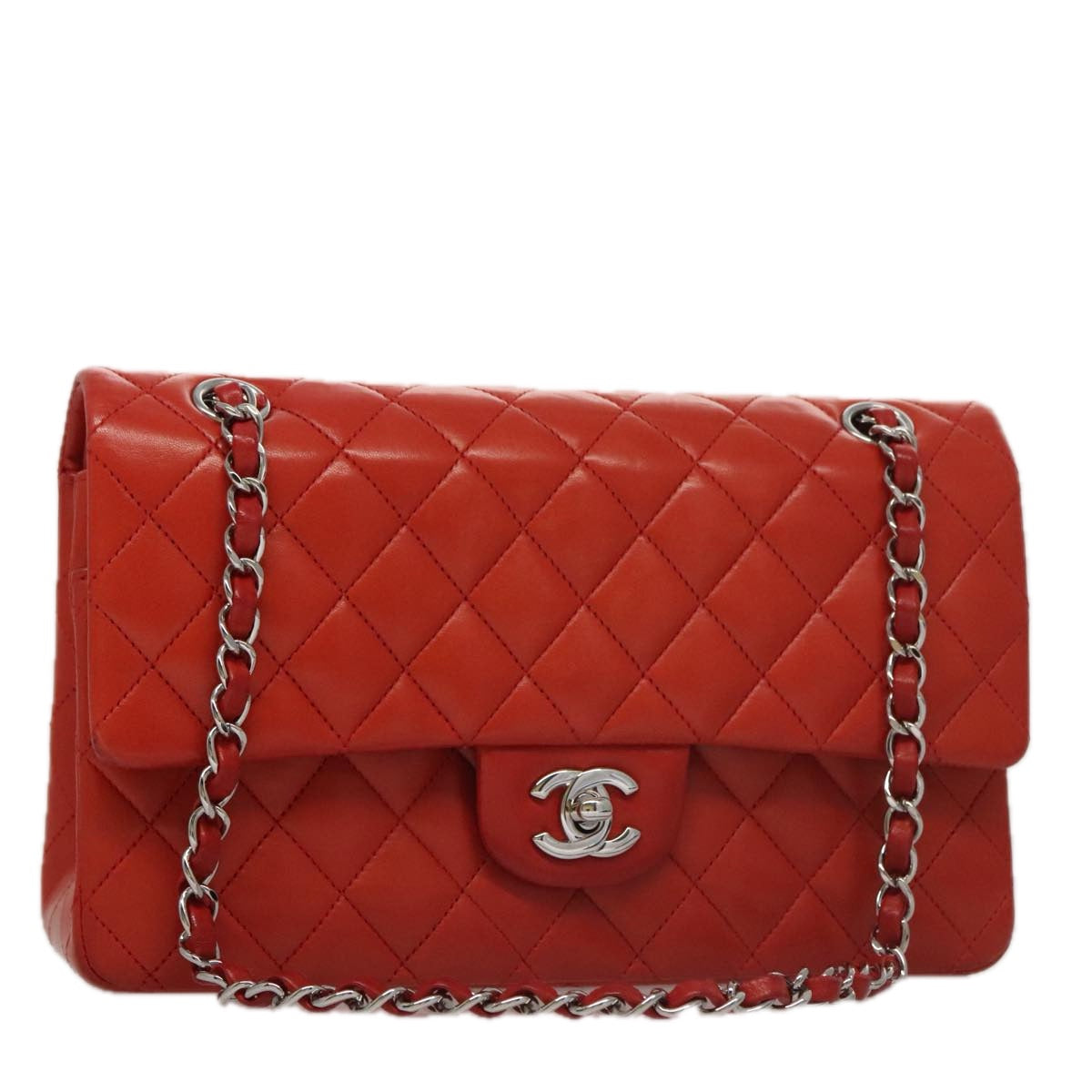 CHANEL Matelasse Chain Shoulder Bag Lamb Skin Orange Silver CC Auth PP105AM