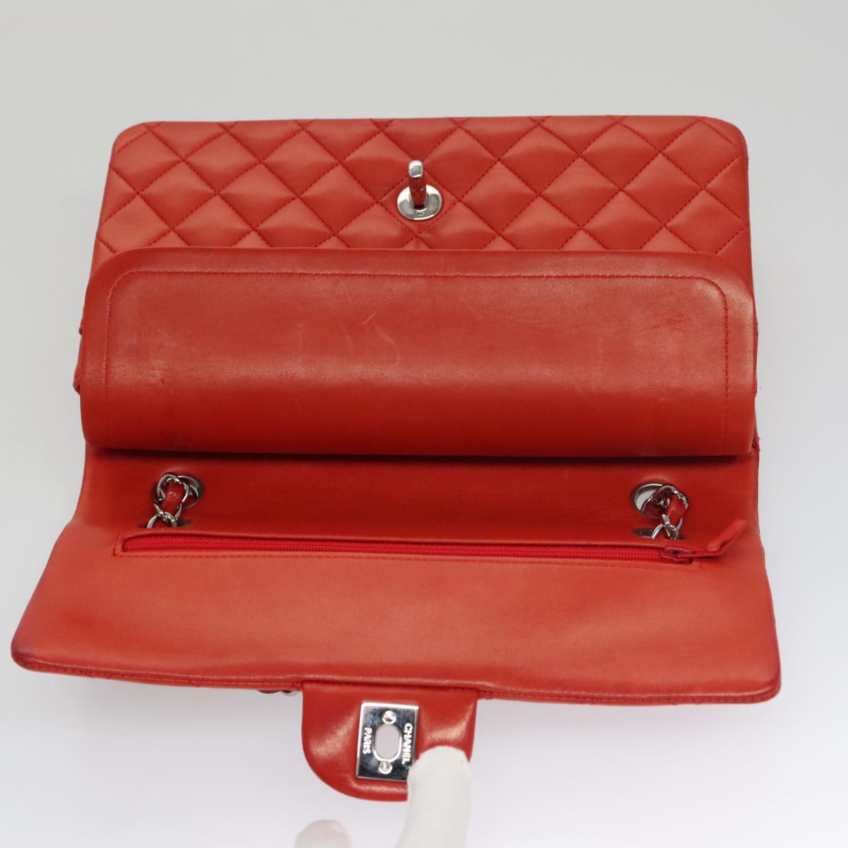 CHANEL Matelasse Chain Shoulder Bag Lamb Skin Orange Silver CC Auth PP105AM