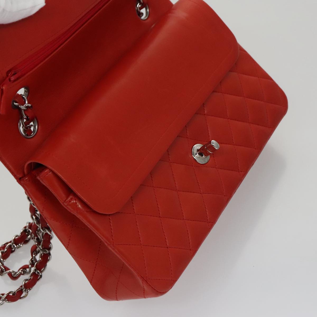 CHANEL Matelasse Chain Shoulder Bag Lamb Skin Orange Silver CC Auth PP105AM