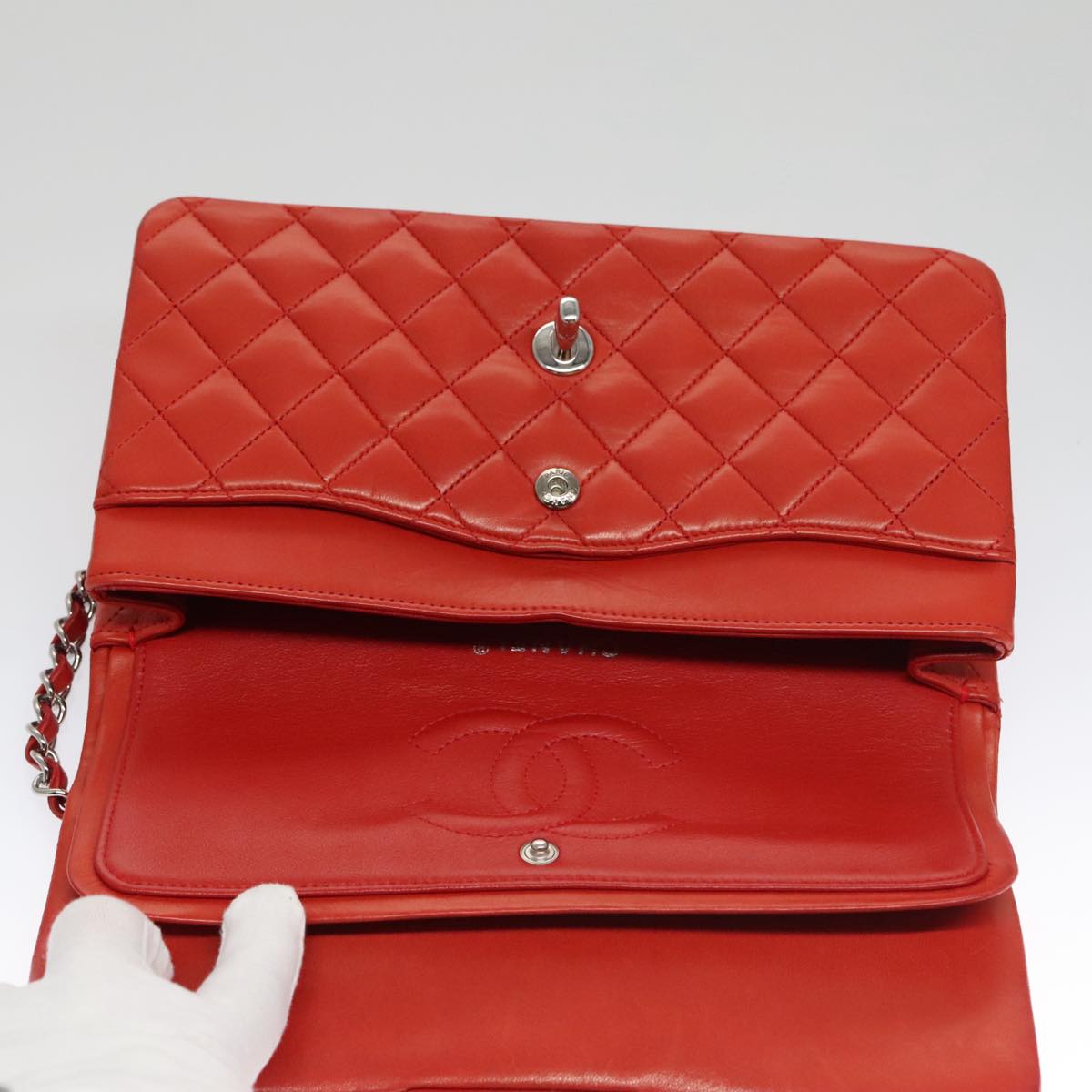 CHANEL Matelasse Chain Shoulder Bag Lamb Skin Orange Silver CC Auth PP105AM