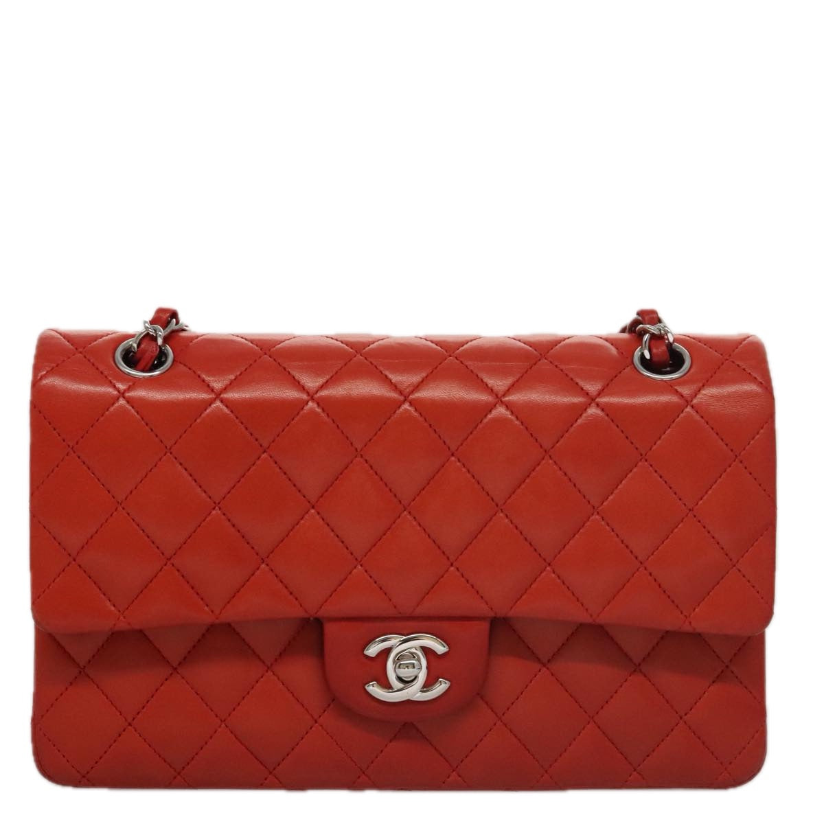 CHANEL Matelasse Chain Shoulder Bag Lamb Skin Orange Silver CC Auth PP105AM