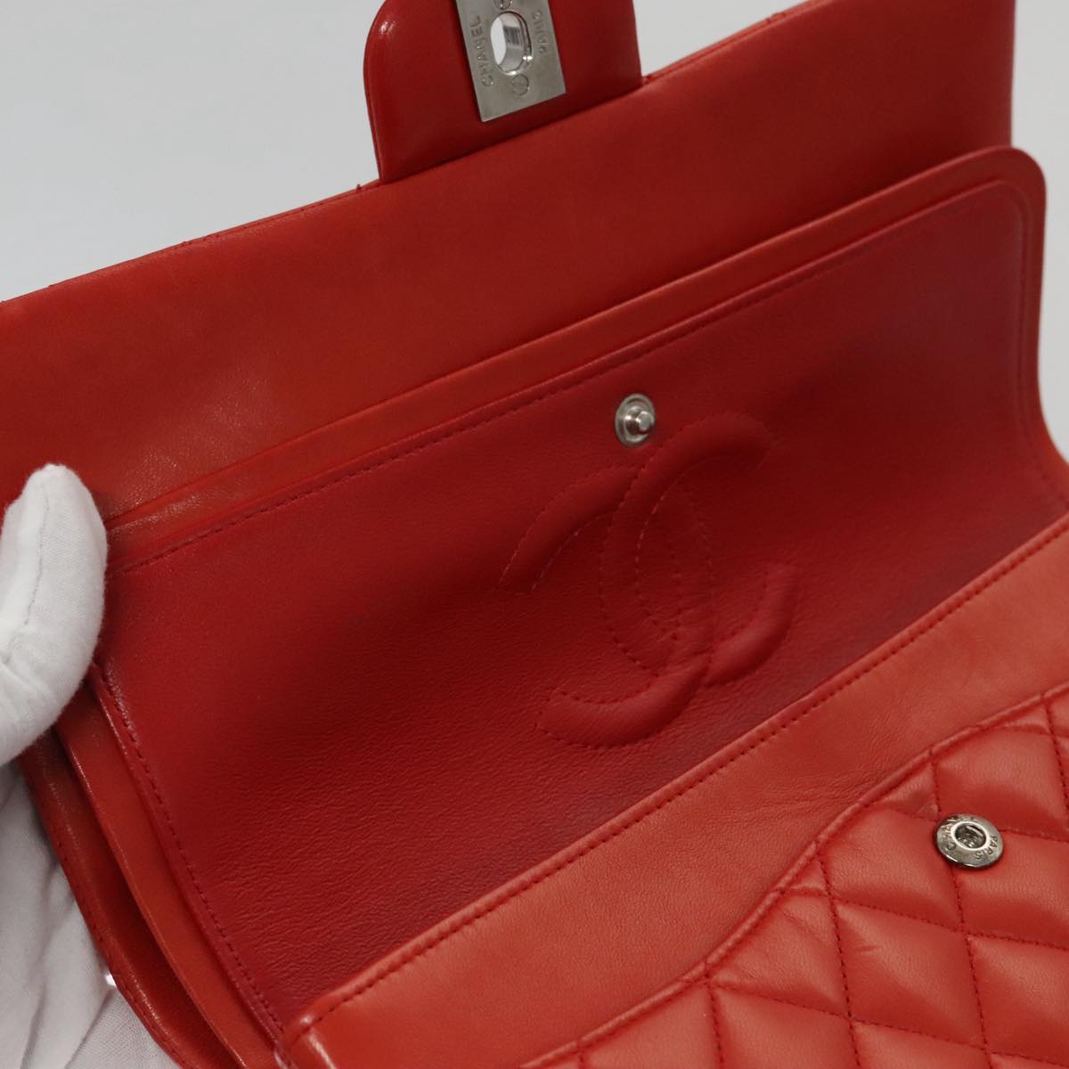 CHANEL Matelasse Chain Shoulder Bag Lamb Skin Orange Silver CC Auth PP105AM