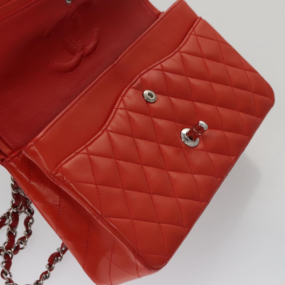 CHANEL Matelasse Chain Shoulder Bag Lamb Skin Orange Silver CC Auth PP105AM