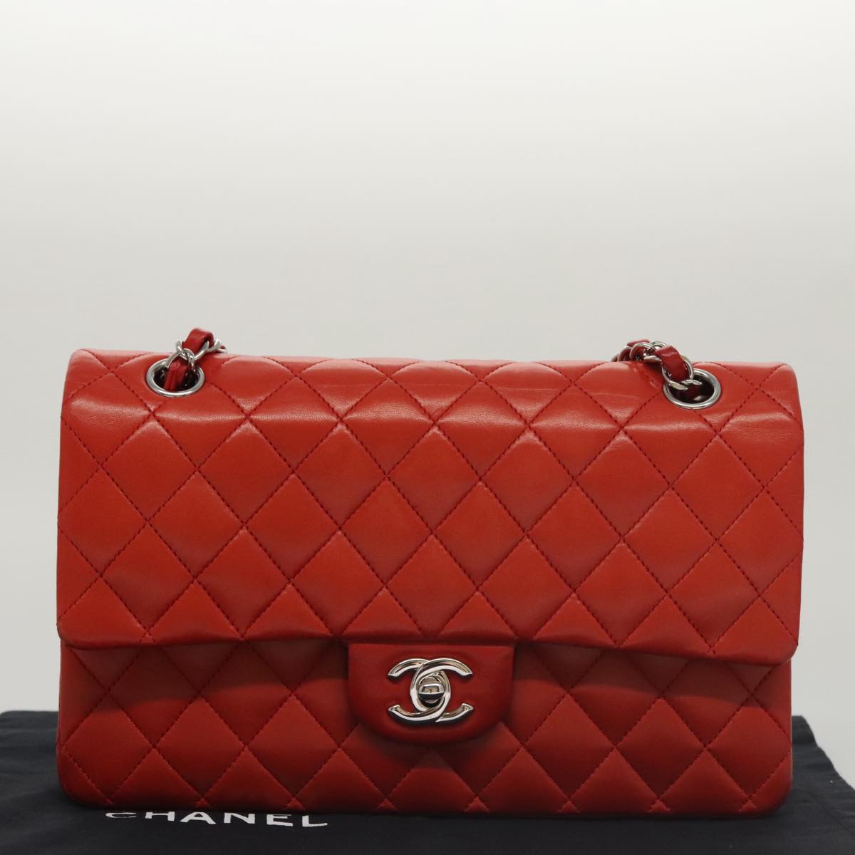CHANEL Matelasse Chain Shoulder Bag Lamb Skin Orange Silver CC Auth PP105AM