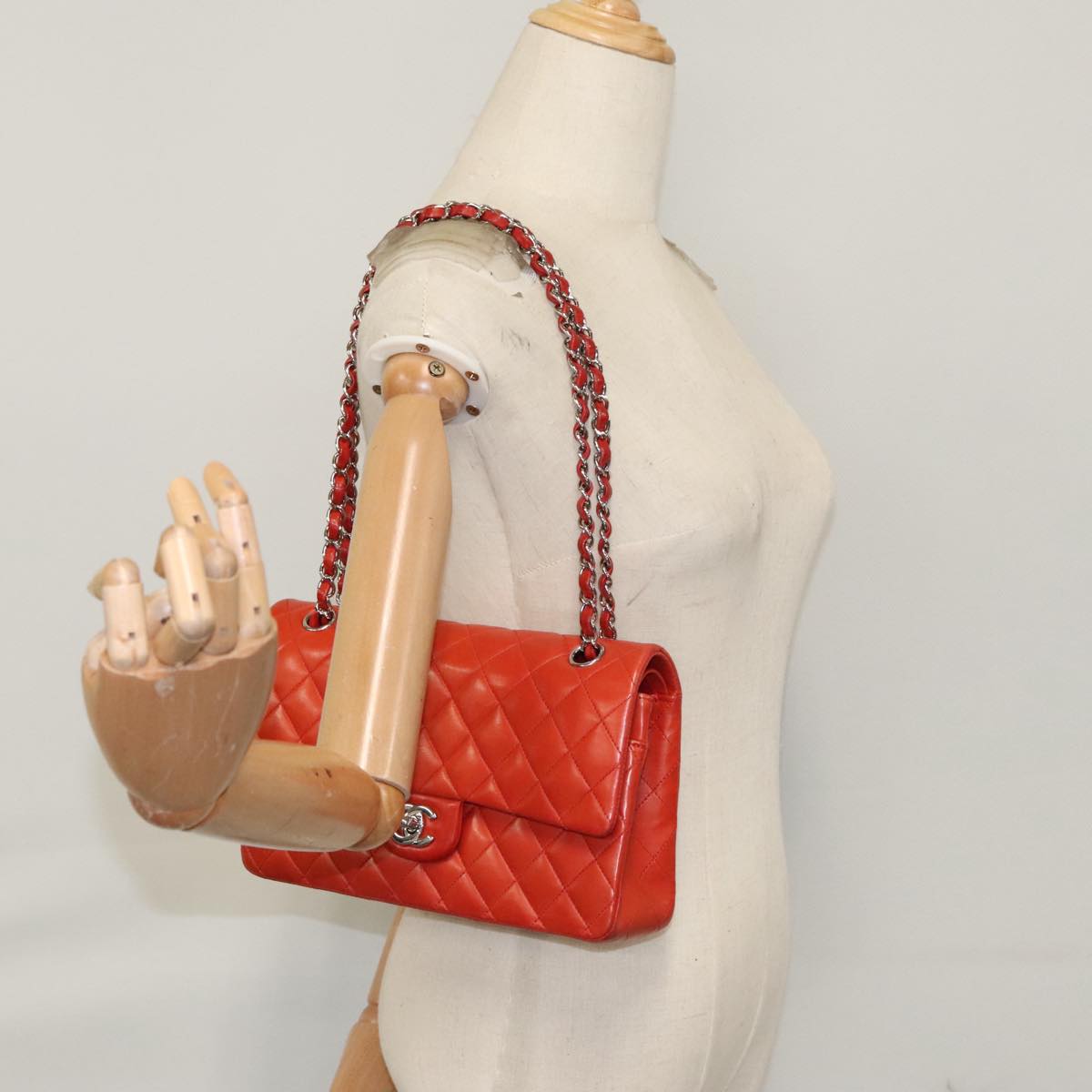 CHANEL Matelasse Chain Shoulder Bag Lamb Skin Orange Silver CC Auth PP105AM