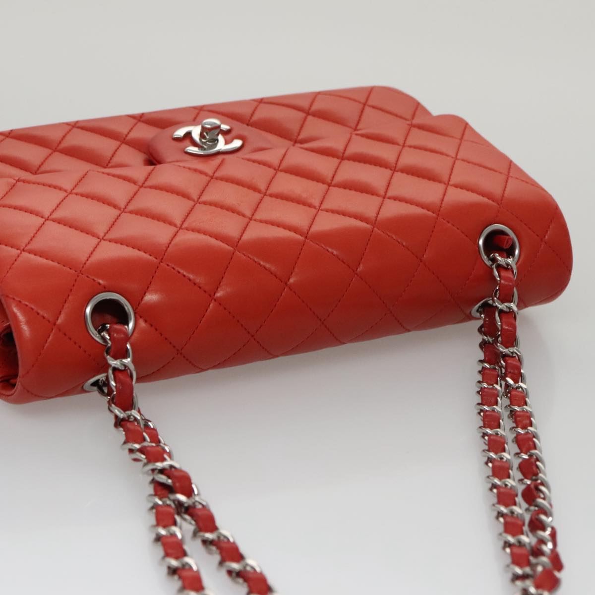CHANEL Matelasse Chain Shoulder Bag Lamb Skin Orange Silver CC Auth PP105AM