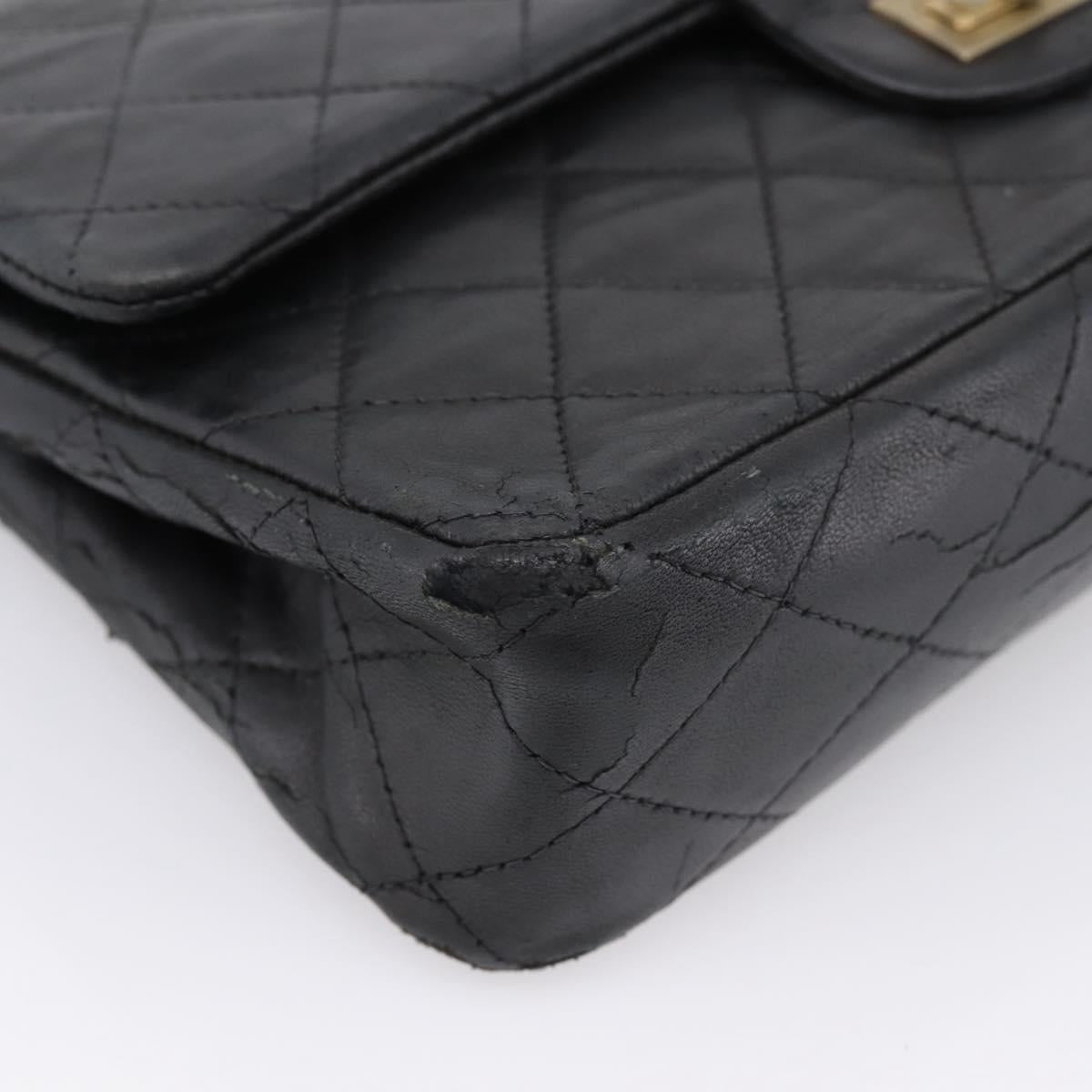 CHANEL Matelasse 25.5 Double Flap Chain Bag Lamb Skin Black Gold CC Auth PP249