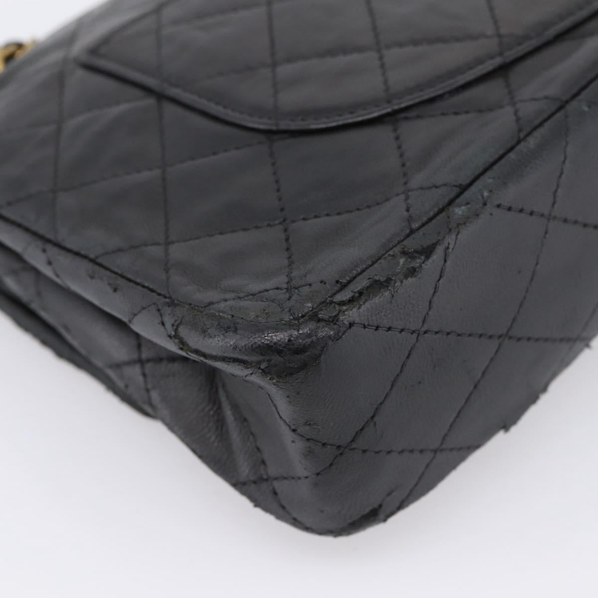 CHANEL Matelasse 25.5 Double Flap Chain Bag Lamb Skin Black Gold CC Auth PP249