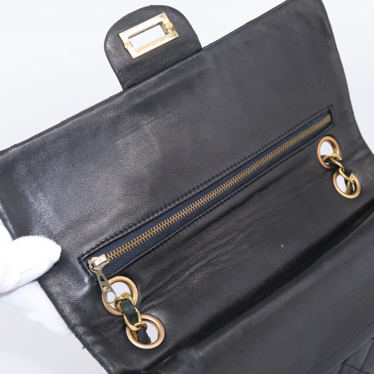 CHANEL Matelasse 25.5 Double Flap Chain Bag Lamb Skin Black Gold CC Auth PP249